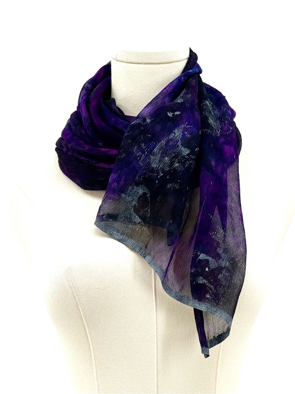 Vintage Purple and Black artisan crafted silk scarf shawl with silver highlights
